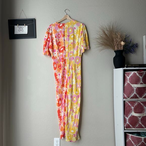 Rixo Ariel Floral Colorblock Ruffled V-Neck Short Sleeve Cocktail Maxi Dress 10 - Picture 8 of 10